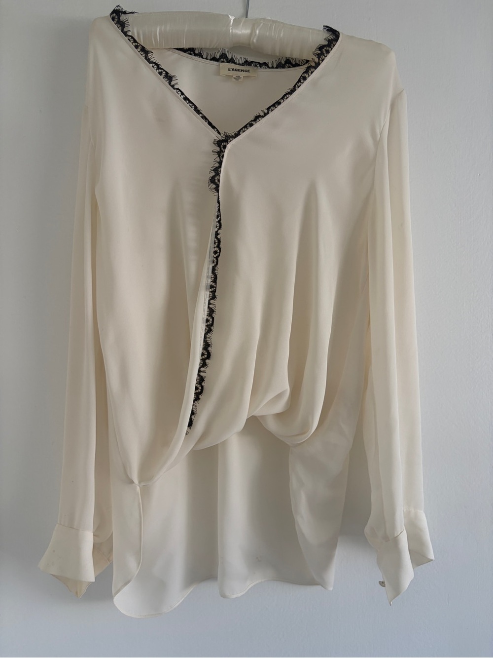 L'AGENCE Cream Blouse with Black Lace Trim